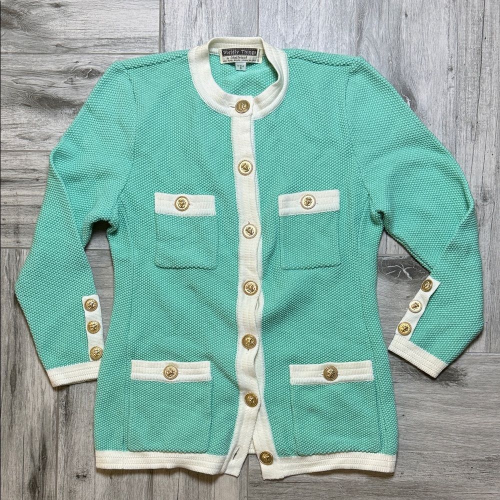 Worldly Things by Styltricot Cream & Teal Wool Gold Button Down Top Size 6